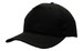 A black breathable poly twill cap with a curved brim and a logo on the front.