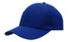 A blue breathable poly twill cap featuring a solid design and a curved brim. It has a logo on it.
