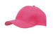 A pink breathable poly twill cap featuring a curved brim and a logo on the front. A pink breathable poly twill cap featuring a curved brim and a logo on the front.