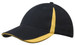 A black cap with yellow inserts on the peak and crown, featuring a logo.