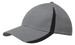 A grey cap with black inserts on the peak and crown, featuring a branding logo. A grey cap with black inserts on the peak and crown, featuring a branding logo.
