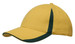 A yellow cap featuring green inserts on the peak and crown, with a logo present. A yellow cap featuring green inserts on the peak and crown, with a logo present.