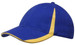 A blue cap with yellow accents along the peak and crown, featuring a small logo. A blue cap with yellow accents along the peak and crown, featuring a small logo.