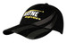 A black cap with a tyre track design and a logo on the front. Features a curved brim.