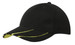 A black cap with a hi-vis laminated two-tone peak in yellow, featuring a logo on the front. A black cap with a hi-vis laminated two-tone peak in yellow, featuring a logo on the front.