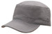 A grey military cap with a structured top and brim, featuring a logo on the side.