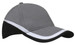 A tri-coloured cap featuring grey, black, and white panels, with a logo on the front.