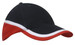 A tri-coloured cap featuring black, white, and red fabric, with a logo on the front.