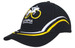 A black cap with curved embroidery in yellow and white, featuring a logo on the front and a peaked brim.