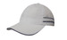A light grey microfibre sports cap with navy piping and a sandwich peak, featuring a logo on the side. A light grey microfibre sports cap with navy piping and a sandwich peak, featuring a logo on the side.