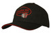 A black cap with red sandwich trim and an embroidered logo featuring an accordion design.