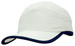 A microfibre sports cap in white with a navy trim on the edge of the crown and peak. It features a logo. A microfibre sports cap in white with a navy trim on the edge of the crown and peak. It features a logo.