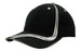 A black cap featuring brushed heavy cotton with white waving stripes on the crown and peak. Includes a logo.