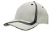 A beige cap featuring waving navy stripes on the crown and peak, with a logo on the front.