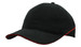 A black brushed heavy cotton cap featuring crown piping and a sandwich peak, with a logo on the side. A black brushed heavy cotton cap featuring crown piping and a sandwich peak, with a logo on the side.