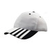 A cap featuring a white mesh body with black striping on the peak and a logo on the front.