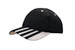 A black sandwich mesh cap featuring white striping on the peak and a logo on the side. A black sandwich mesh cap featuring white striping on the peak and a logo on the side.