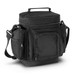 A black cooler bag with multiple zippered pockets and a carry handle, featuring a shoulder strap and a textured finish.
