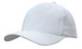 White cap featuring a structured design and adjustable snapback. It includes a logo on the front.