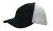 A black cap with a soft mesh white back and a curved brim, featuring a logo on the front.