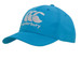 A blue sports cap with an embroidered logo, featuring a curved brim and adjustable strap at the back. A blue sports cap with an embroidered logo, featuring a curved brim and adjustable strap at the back.