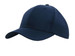 A navy blue cap with a curved brim and stitching details, featuring a logo on the front.