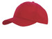 A red sports cap with a curved brim and an adjustable strap at the back, featuring a logo.