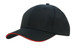 A black sports cap with red sandwich trim and a logo on the front. A black sports cap with red sandwich trim and a logo on the front.