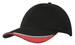 A black cap with a red indented peak and white trim. It features a logo on the front.