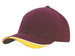 A maroon cap with an indented peak and a yellow accent on the brim, featuring a logo.