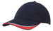 A navy cap with a red peak and white detailing, featuring a logo on the front.