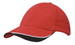 A red brushed heavy cotton cap with an indented peak and a contrasting black trim, featuring a logo. A red brushed heavy cotton cap with an indented peak and a contrasting black trim, featuring a logo.