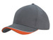 A grey cap with an indented peak and an orange underside, featuring a logo on the side. A grey cap with an indented peak and an orange underside, featuring a logo on the side.