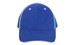 A blue cap with a mesh back, featuring a curved brim and contrasting white piping. It also has a logo.