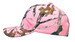 A pink cap featuring True Timber camouflage pattern, with a curved brim and a logo on the side. A pink cap featuring True Timber camouflage pattern, with a curved brim and a logo on the side.