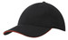 A black cap with a sandwich trim in orange, featuring a logo on the front.