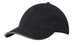 A navy cap with a sandwich trim. The cap features a logo and has six-panel construction.