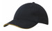 A black brushed heavy cotton cap with sandwich trim in gold, featuring a logo on the front. A black brushed heavy cotton cap with sandwich trim in gold, featuring a logo on the front.