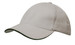 A white brushed heavy cotton cap featuring a green sandwich trim and a logo on the front. A white brushed heavy cotton cap featuring a green sandwich trim and a logo on the front.