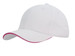 A white cap with a pink sandwich trim and a branded logo on the front. It's made of brushed heavy cotton. A white cap with a pink sandwich trim and a branded logo on the front. It's made of brushed heavy cotton.