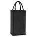 A black jute double wine carrier with two handles, suitable for transporting wine bottles. A black jute double wine carrier with two handles, suitable for transporting wine bottles.