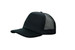 A black truckers mesh cap featuring a solid front and mesh back, with a curved peak. A black truckers mesh cap featuring a solid front and mesh back, with a curved peak.
