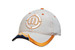 A beige cap featuring blaze embroidery on the peak and contrasting orange stitching. It has a logo on the front. A beige cap featuring blaze embroidery on the peak and contrasting orange stitching. It has a logo on the front.