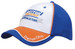 A blue and white cap with an orange peak, featuring contrasting piping and a logo on the front. A blue and white cap with an orange peak, featuring contrasting piping and a logo on the front.