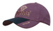 A cap in purple and navy blue with a logo and embroidered text. Features an indent peak design.