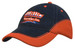 A navy and orange cap featuring a mesh peak and crown inserts, with an embroidered logo on the front. A navy and orange cap featuring a mesh peak and crown inserts, with an embroidered logo on the front.