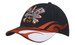 A black cap featuring blaze embroidery on the peak and side, with a flame design and a logo on the front.