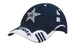 A navy and white cap featuring a star design, peak indent, and embroidery on the side panels. It has a logo.