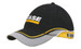 A black cap with a grey mesh peak, embroidered trim, and yellow piping features a logo on the front.