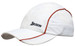 A white sports mesh cap with red piping and a logo on the front. A white sports mesh cap with red piping and a logo on the front.